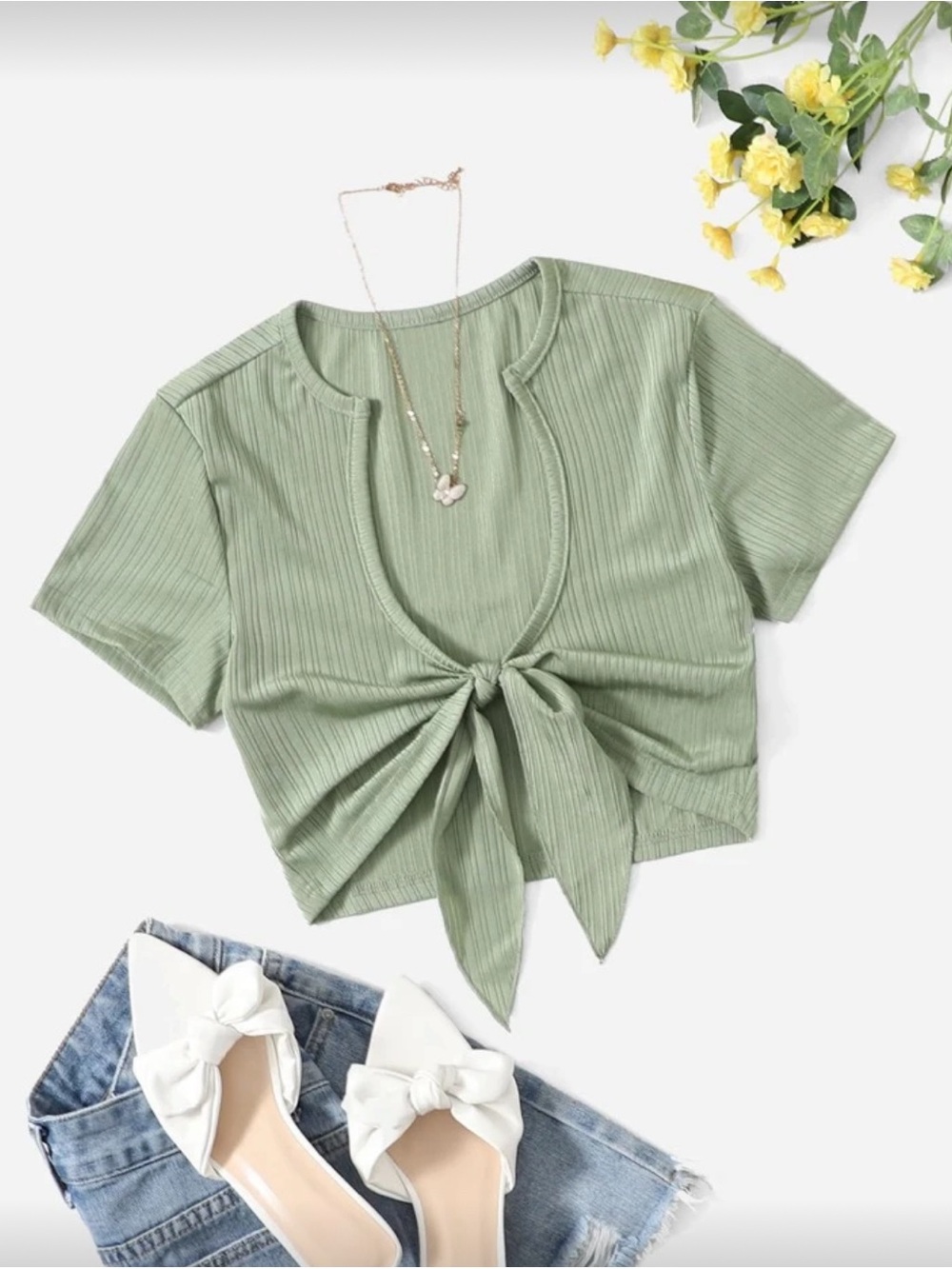Sage Green Ribbed Tie-Front Crop Top